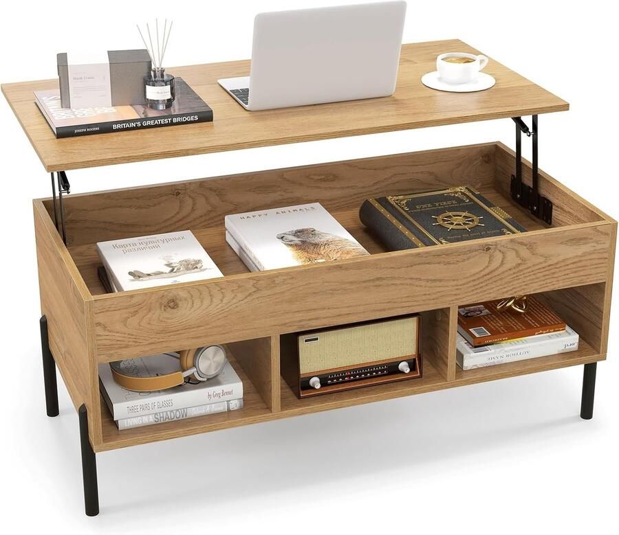 Costway Salontafel in hoogte verstelbaar bijzettafel met opklapbaar tafelblad en 3 open vakken woonkamertafel van hout met groot verborgen vak koffietafel voor woonkamer kantoor natuur