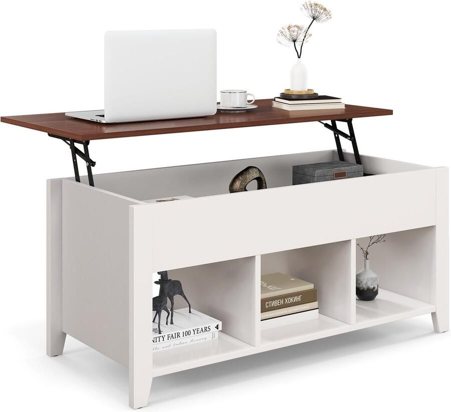 Costway Salontafel in hoogte verstelbaar salontafel met hefplaat opbergruimte en 3 open planken bijzettafel van hout koffietafel theetafel voor woonkamer (wit)