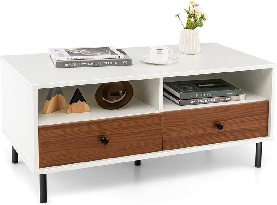 Costway Salontafel met 2 laden en 2 planken woonkamertafel rechthoekig met opbergruimte koffietafel banktafel voor woonkamer slaapkamer wit + bruin