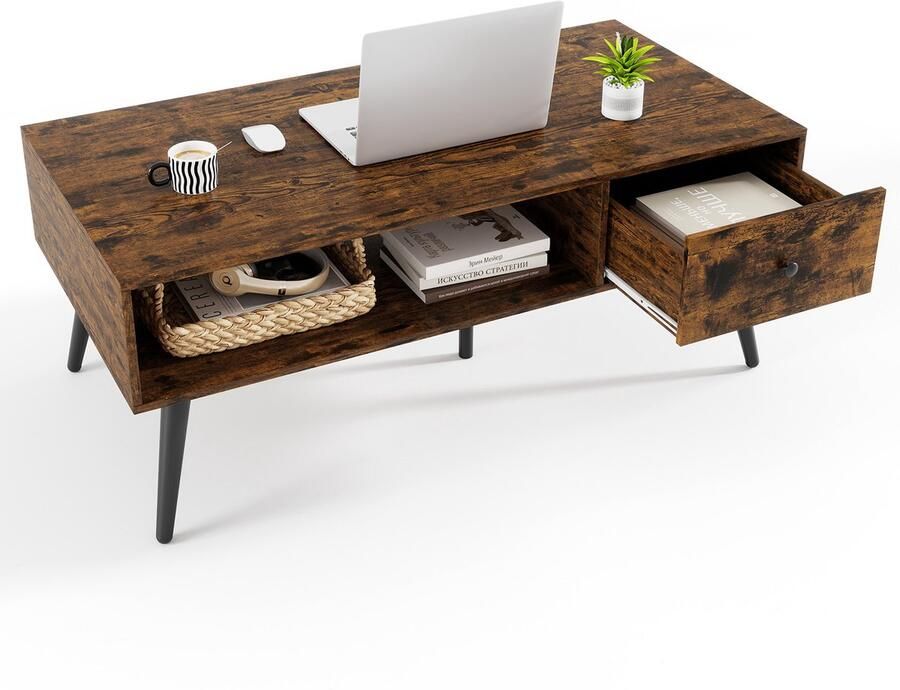Costway Salontafel met lade opbergruimte open vak woonkamertafel houten sofatafel 109 x 55 x 39 5 cm