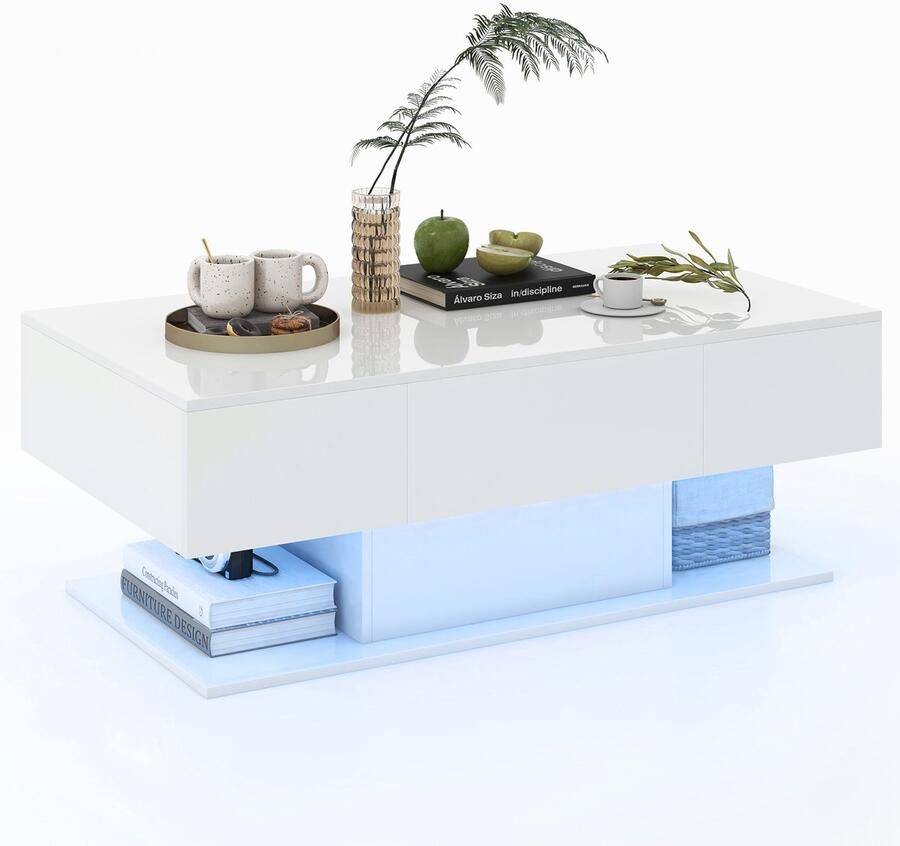 Costway Salontafel met ledverlichting hoogglans 20 kleuren helderheid instelbaar woonkamertafel met 2 laden koffietafel voor woonkamer incl. afstandsbediening 110x60x40 cm (wit)