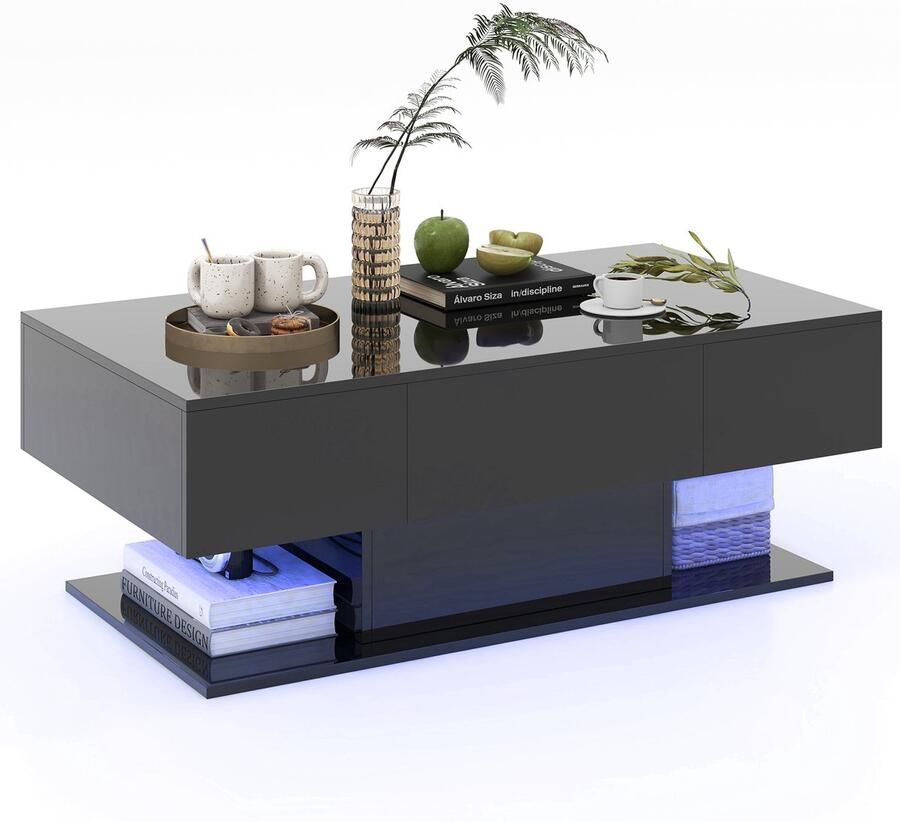Costway Salontafel met ledverlichting hoogglans 20 kleuren instelbare helderheid woonkamertafel met 2 laden koffietafel voor woonkamer incl. afstandsbediening 110 x 60 x 40 cm (zwart)