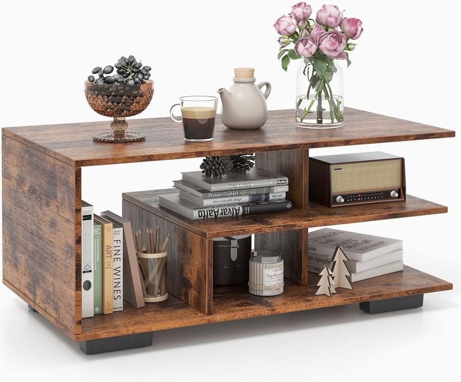 Costway Salontafel met opbergruimte rechthoekige woonkamertafel retro met L-vormige middenplank 3-traps geometrische salontafel voor woonkamer ontvangstruimte 90 x 50 x 42 cm (rustiek bruin)