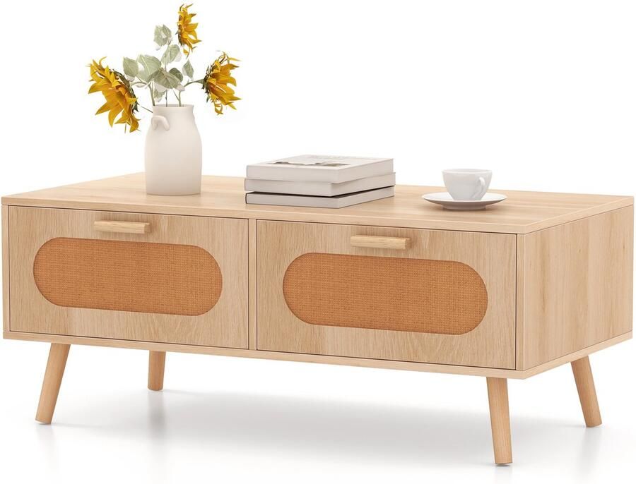 Costway Salontafel rotan woonkamertafel met 2 laden en achtervak koffietafel met massieve houten poten bijzettafel modern voor woonkamer slaapkamer 100 x 50 x 41 cm naturel