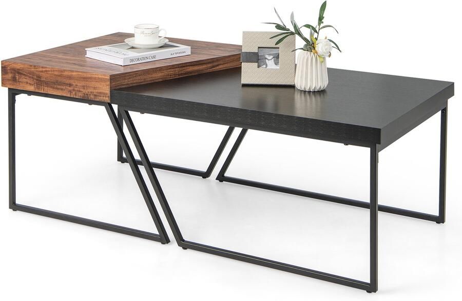 Costway Salontafel set van 2 industriële houten salontafel met metalen frame bijzettafel 60 x 60 x 46 cm + 80 x 60 x 42 cm