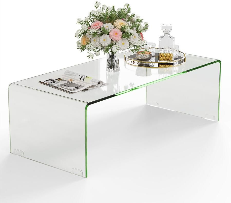 Costway Salontafel van gehard glas U-vormige bijzettafel moderne glazen tafel woonkamertafel koffietafel voor woonkamer kantoor hotel belastbaar tot 136 kg 108 x 50 x 35 cm