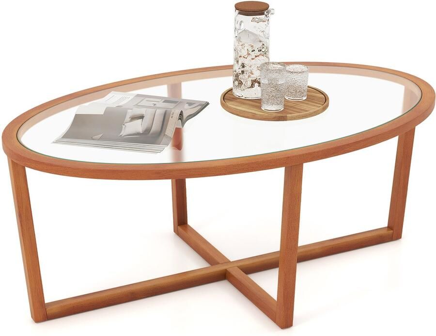 Costway Salontafel van glas bijzettafel ovaal transparant woonkamertafel met kruisvoet en poten van acaciahout moderne glazen tafel koffietafel voor woonkamer 118 x 71 5 x 47 5 cm