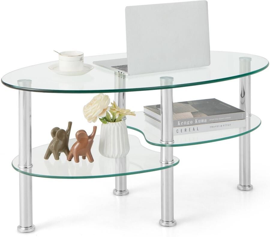Costway Salontafel van glas glazen tafel ovaal woonkamertafel met 2 planken banktafel koffietafel bijzettafel voor woonkamer 89 x 50 x 45 cm