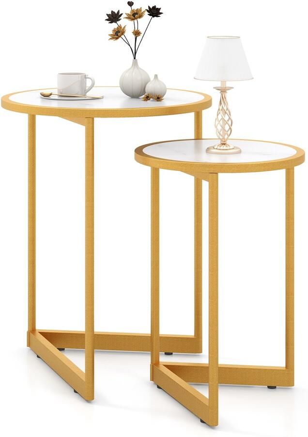 Costway Salontafels met marmeren look houten bijzettafel met goudkleurige metalen poten salontafelset modern compact voor woonkamer en slaapkamer wit