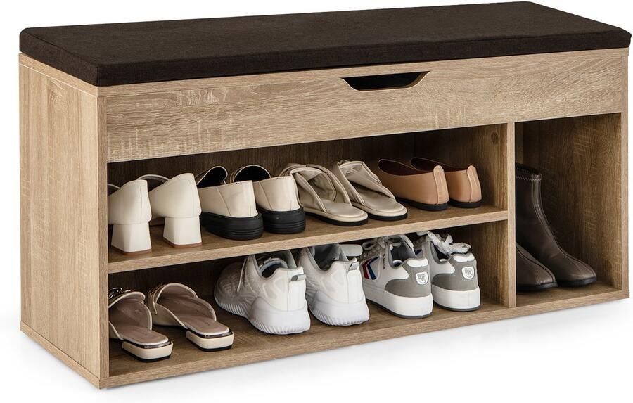 COSTWAY Schoenenbank houten schoenen opbergbank met kussen schoenenrek bank met opheffen bovenste compartiment 104 x 30 x 48cm