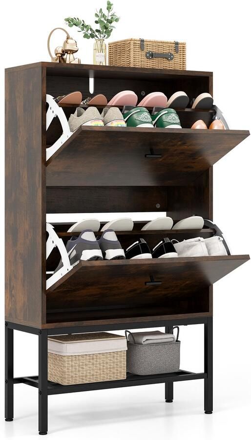 Costway Schoenenkast met 2 kleppen schoenenkast met 4 legplanken & open rek smal schoenenrek met verstelbare scheidingswand 60 x 24 x 106 cm (rustiek bruin)