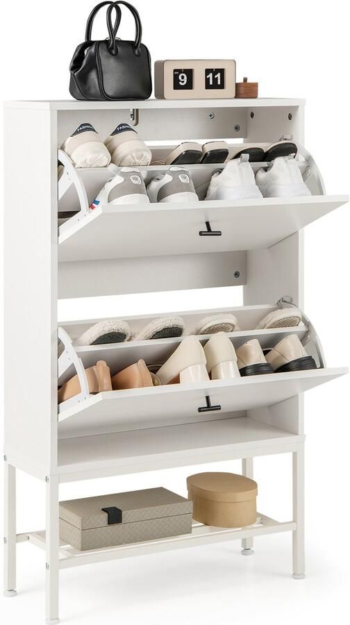 Costway Schoenenkast met 2 kleppen schoenenkast met 4 legplanken en open rek smal schoenenrek met verstelbare scheidingswand 60 x 24 x 106 cm (wit)