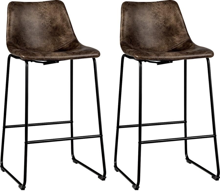 Costway Set van 2 barkrukken barstoel van hout met rugleuning barkruk met metalen poten en voetensteun zithoogte 75 cm keukenstoel bistrokruk voor keuken kantoor bar