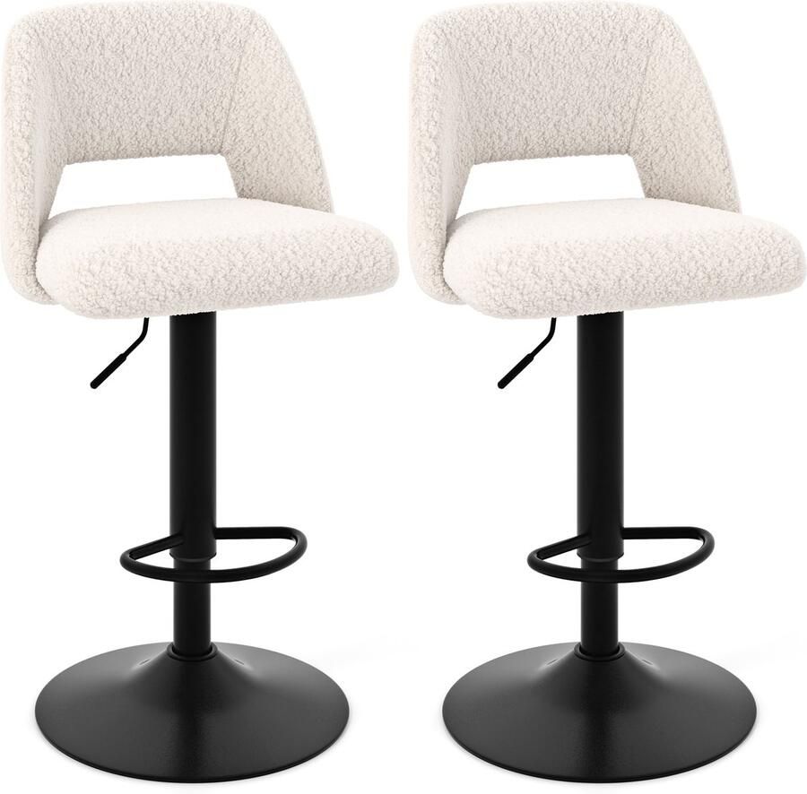 Costway Set van 2 barkrukken barstoelen 63-83 cm in hoogte verstelbaar van teddystof zitkruk met rugleuning en voetensteun keukenkruk toonbank voor eetkamer bar