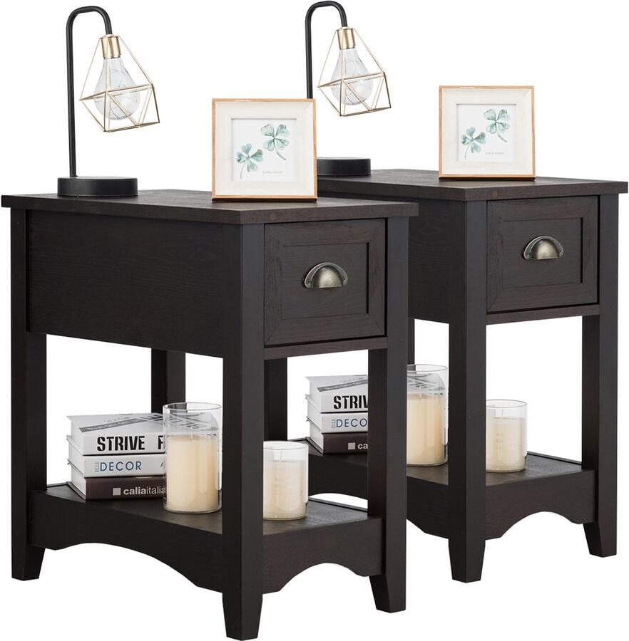 Costway Set van 2 bijzettafels met lade en plank 2 verdiepingen tellende salontafel smal nachtkastje koffietafel voor woonkamer slaapkamer 56 x 33 x 58 5 cm (walnoot)