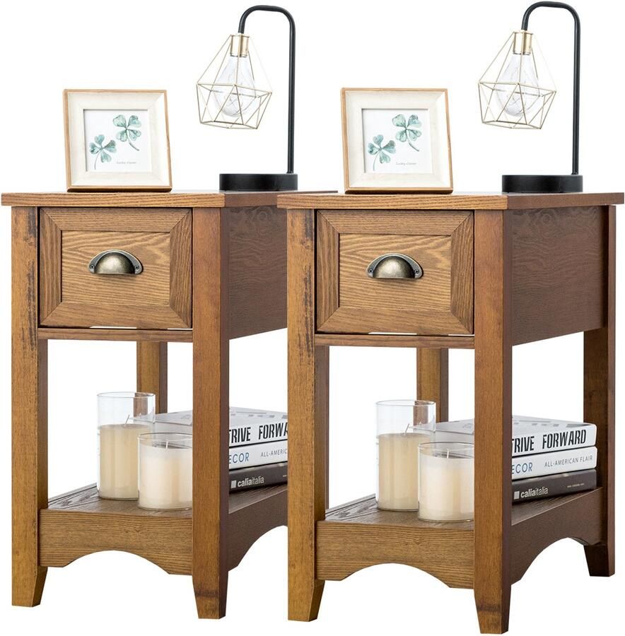 Costway Set van 2 bijzettafels met lade en plank 2 verdiepingen tellende salontafel smal nachtkastje koffietafel voor woonkamer slaapkamer 56 x 33 x 58 5 cm (geelbruin)
