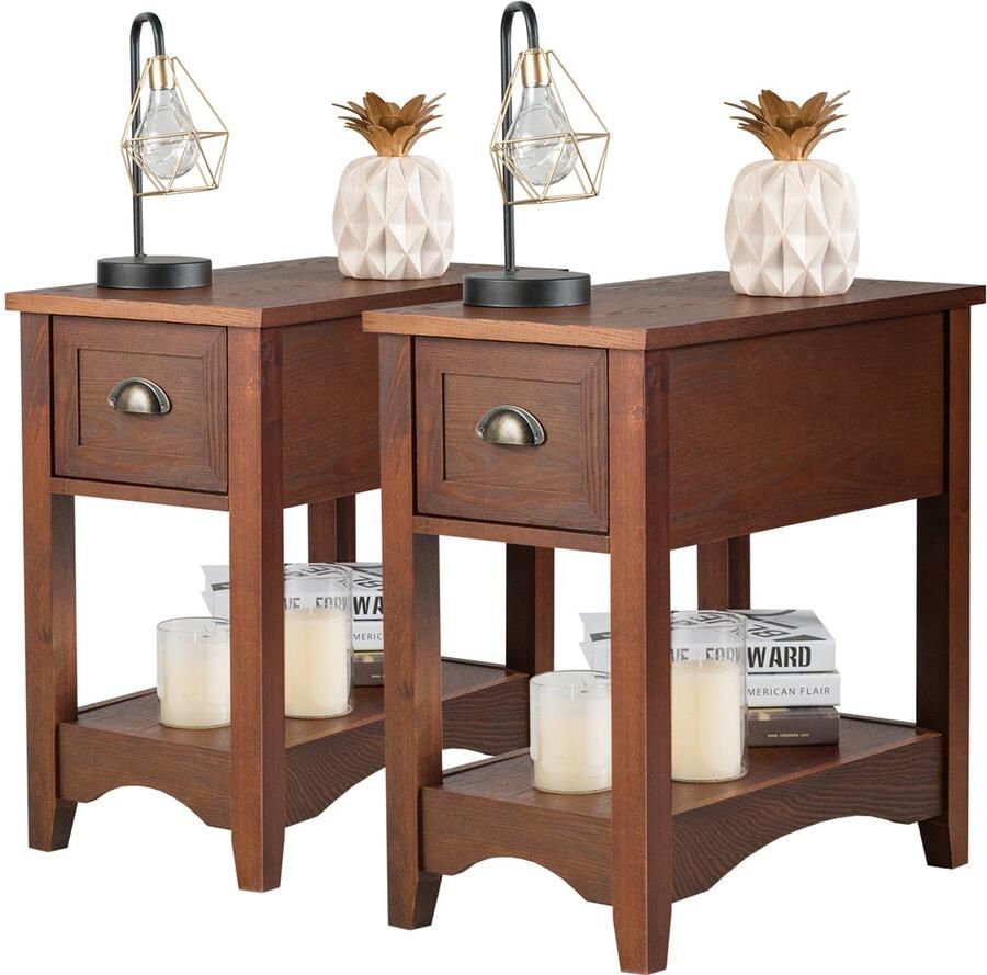 Costway Set van 2 bijzettafels met lade en plank 2 verdiepingen tellende salontafel smal nachtkastje koffietafel voor woonkamer slaapkamer 56 x 33 x 58 5 cm (roodbruin)
