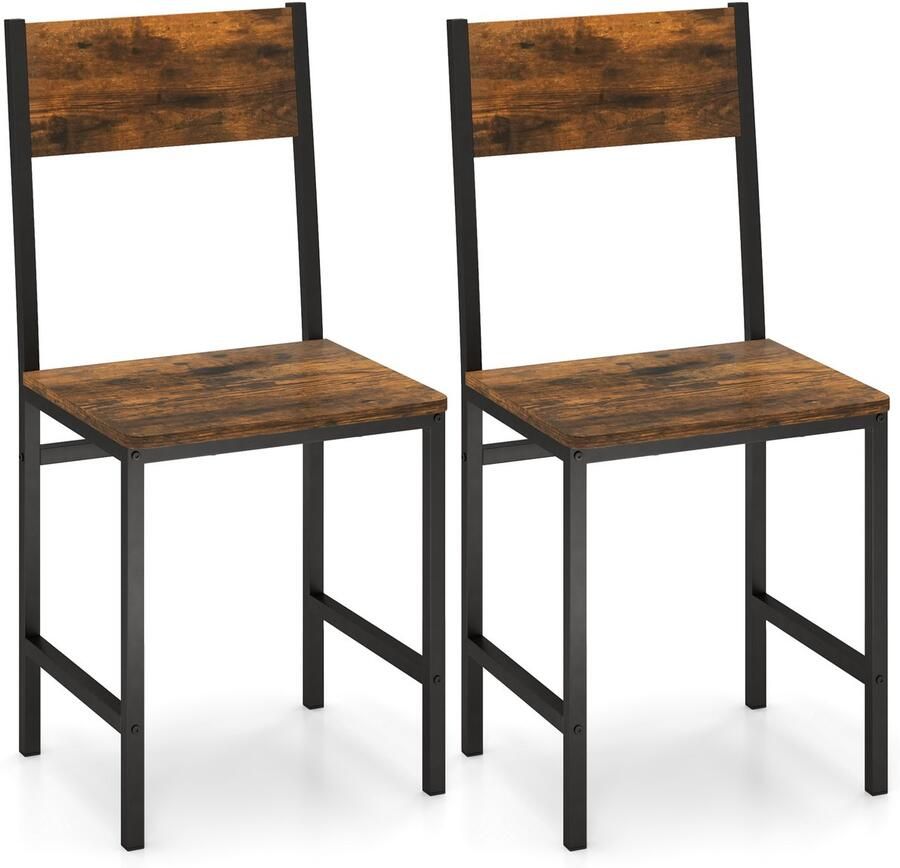 Costway Set van 2 eetkamerstoelen industriële keukenstoelen met metalen frame en rugleuning tot 150 kg voor keuken eetkamer woonkamer vintage bruin + zwart