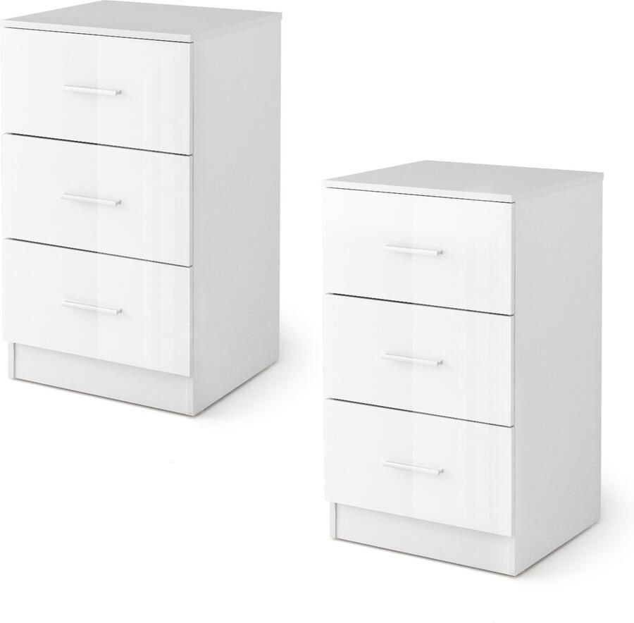 Costway Set van 2 nachtkastjes met 3 laden hoogglans nachtkast voor boxspringbed 37 x 34 x 66 5 cm wit