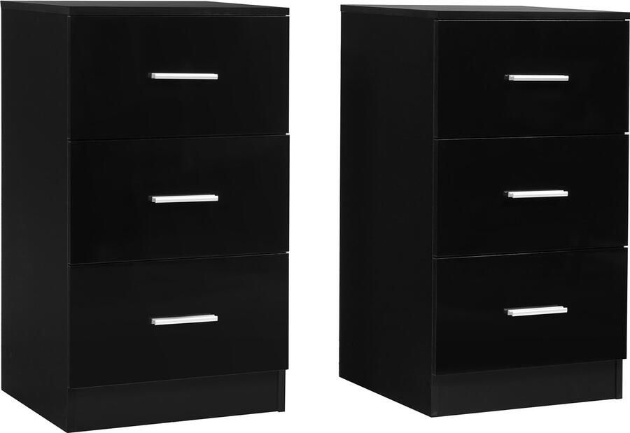Costway Set van 2 nachtkastjes met 3 laden hoogglans nachtkast voor boxspringbed 37 x 34 x 66 5 cm zwart