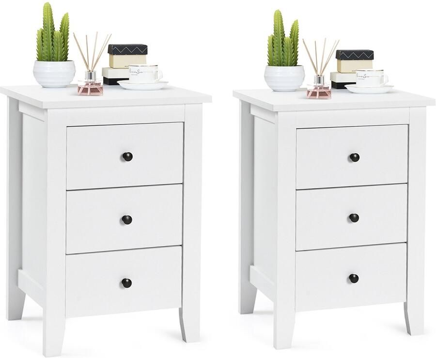 Costway Set van 2 nachtkastjes met 3 laden nachtkastje voor boxspringbed bijzettafel nachtkastje voor woonkamer slaapkamer wit 46 x 37 x 65 cm
