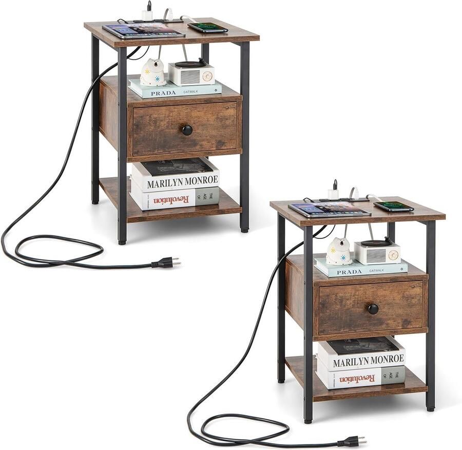 Costway Set van 2 nachtkastjes met laadstation en lade nachtkastje met open planken nachtkastje bijzettafel voor slaapkamer woonkamer 40 x 40 x 55 cm