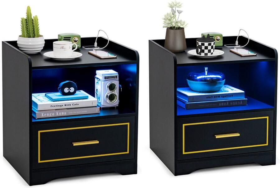 Costway Set van 2 nachtkastjes met ledlicht USB-poort en type C-laadstation nachtkastje met bewegingssensor bijzettafel met open vak en lade nachtkastje voor slaapkamer zwart
