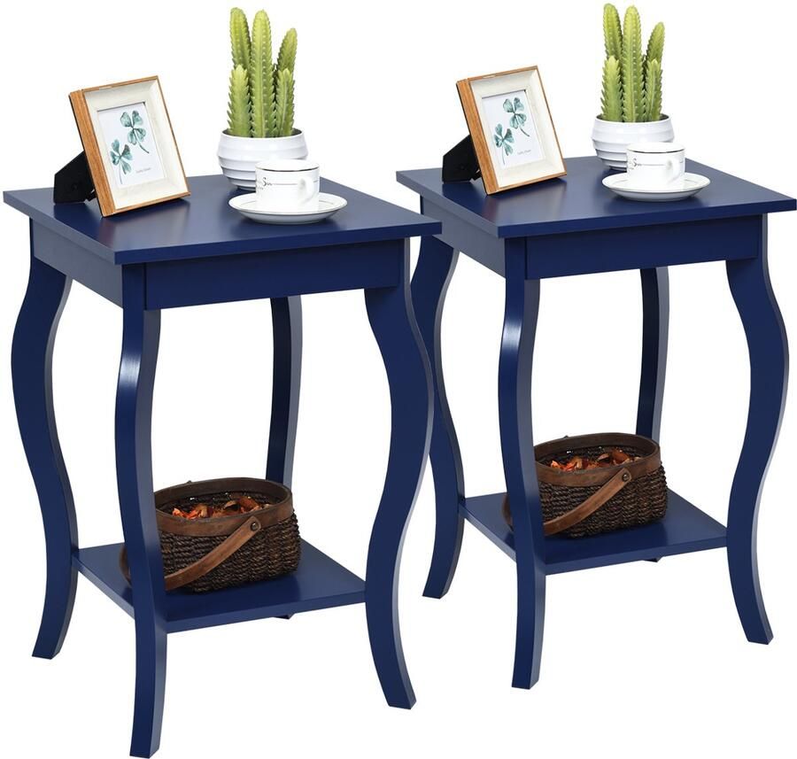 Costway Set van 2 nachtkastjes met plank 2 niveaus bijzettafel van hout nachtkastje banktafel voor woonkamer slaapkamer 40 x 40 x 60 cm (blauw)