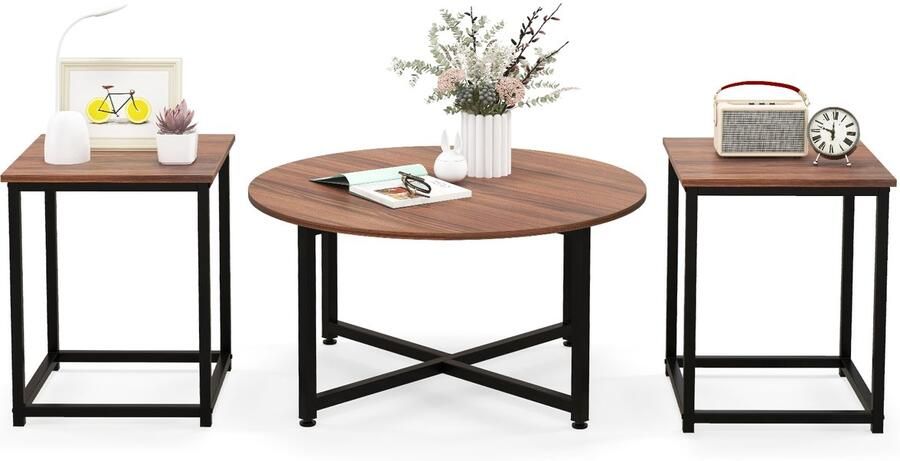 Costway Set van 3 salontafels bijzettafel metalen frame 1 ronde koffietafel en 2 vierkante tafels salontafel woonkamertafel salontafel modern voor woonkamer slaapkamer (bruin)