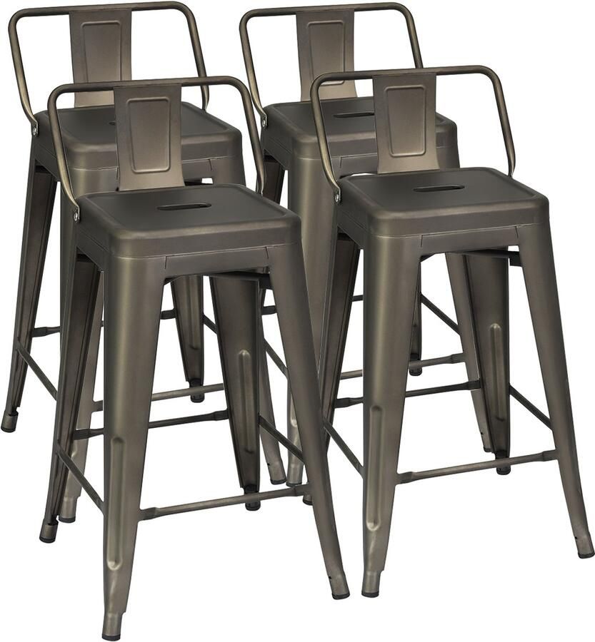 Costway set van 4 Barkrukken barkruk vintage stapelbaar zithoogte 62cm barkruk met afneembare rugleuning & voetkussens bistrostoel keukenkruk van metaal belastbaar tot 150kg