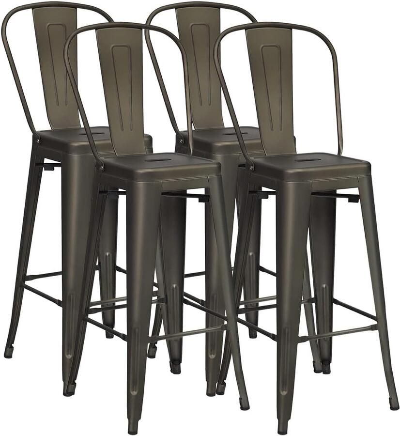 Costway Set van 4 barkrukken barstoel vintage stapelbaar zithoogte 76 cm barkruk met afneembare rugleuning en voetkussens bistrostoel keukenkruk van metaal tot 150 kg belastbaar