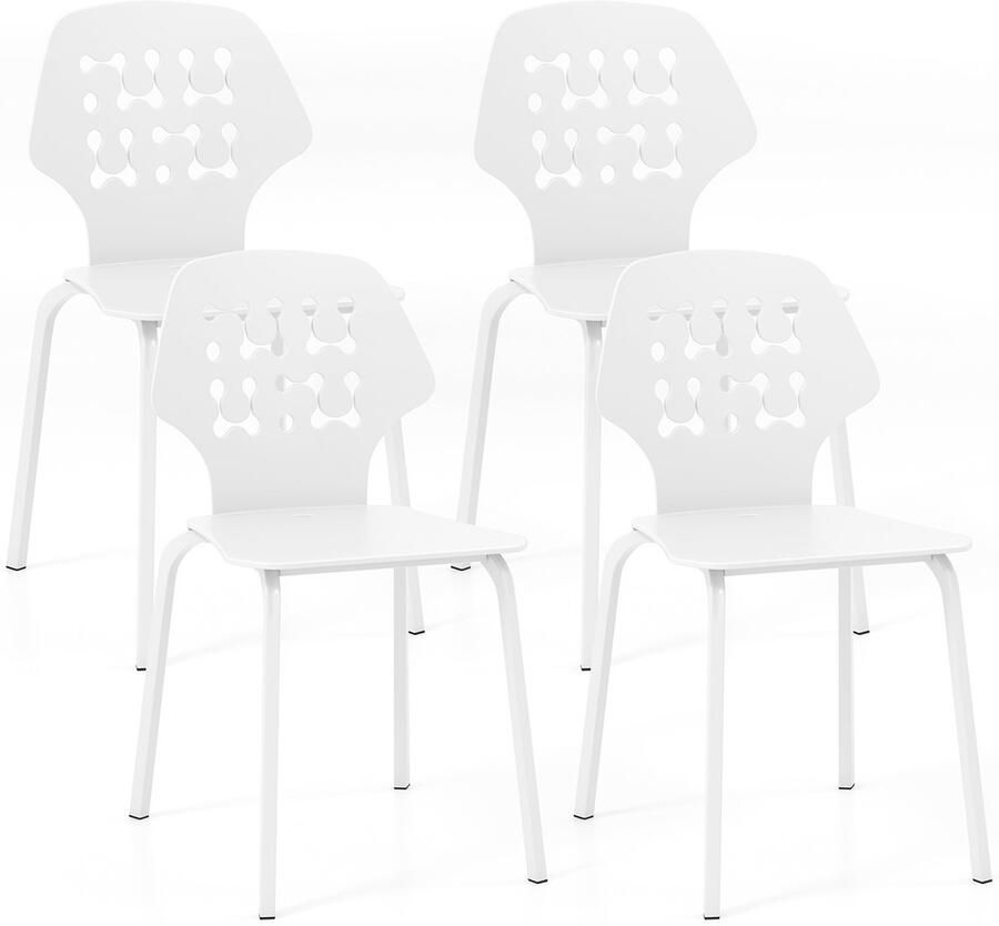 Costway Set van 4 Metalen Eetkamerstoelen Moderne Keukenstoel met Metalen Poten Gastenstoel Zonder Armleuningen voor Eetkamer Woonkamer Wit