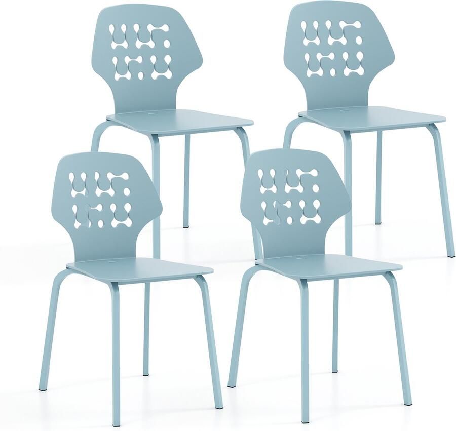 Costway Set van 4 Metalen Eetkamerstoelen Moderne Keukenstoel met Metalen Poten Gastenstoel Zonder Armleuningen voor Eetkamer Woonkamer Blauw