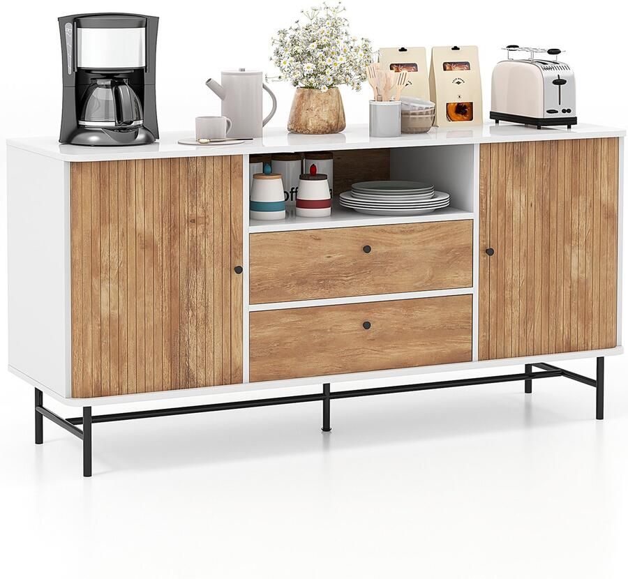 Costway Sideboard hout buffetkast met schuifdeuren en 2 laden buffet met metalen poten en kantelbeveiliging moderne tv-kast voor keuken eetkamer woonkamer wit + natuur 150 x 45 x 74 cm