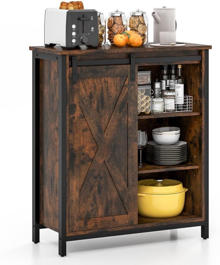 Costway Sideboard keukenkast in industriële stijl met schuifdeuren en 3-traps verstelbare planken houten commode voor keuken eetkamer woonkamer hal 70 x 30 x 81 cm