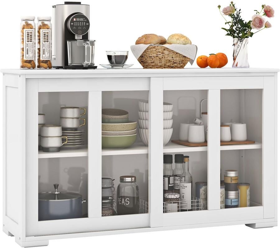 Costway Sideboard keukenkast met glazen schuifdeuren en verstelbare plank opbergkast voor keuken eetkamer woonkamer 107 x 33 x 62 5 cm (wit)