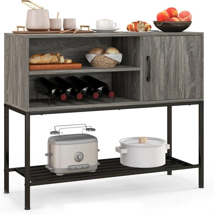 Costway Sideboard met wijnrek en metalen plank keukenkast van hout wijnkast 35 x 100 x 83 cm consoletafel buffetkast voor eetkamer woonkamer hal entree grijs
