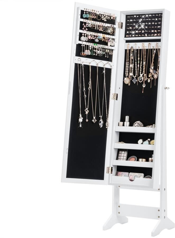 COSTWAY Sieradenkast met spiegel over de gehele lengte vrijstaande sieraden kast met 64 oorbelgaten 20 kettinghaken 72 ringgaten 4 planken voor make-up 2-in-1 grote capaciteit sieraden organisator 3 hoekinstelbare