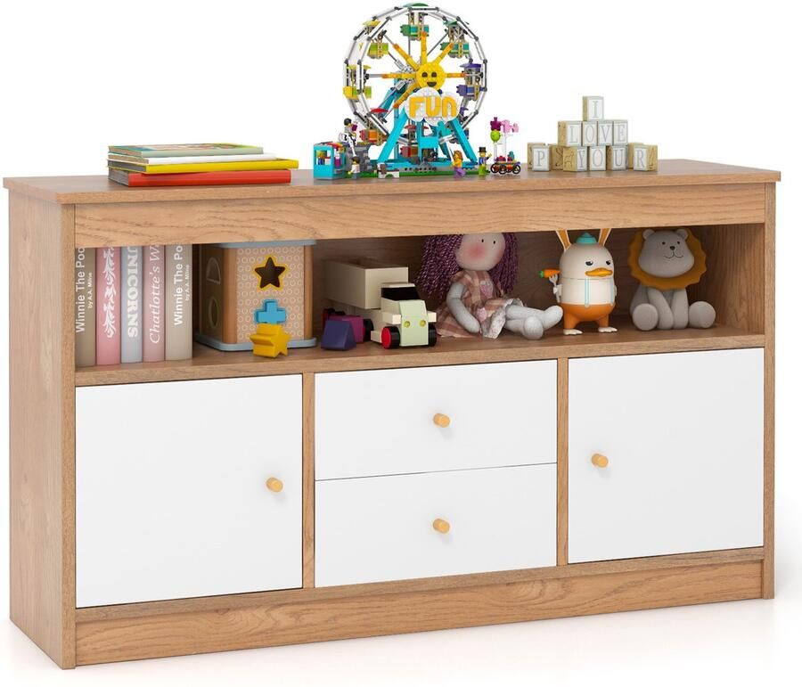 Costway Speelgoedkast voor kinderen kinderrek van hout kinderkast met 2 laden en 2 deuren speelgoedorganizer opbergkast voor kinderkamer slaapkamer 106 x 30 x 62 cm naturel