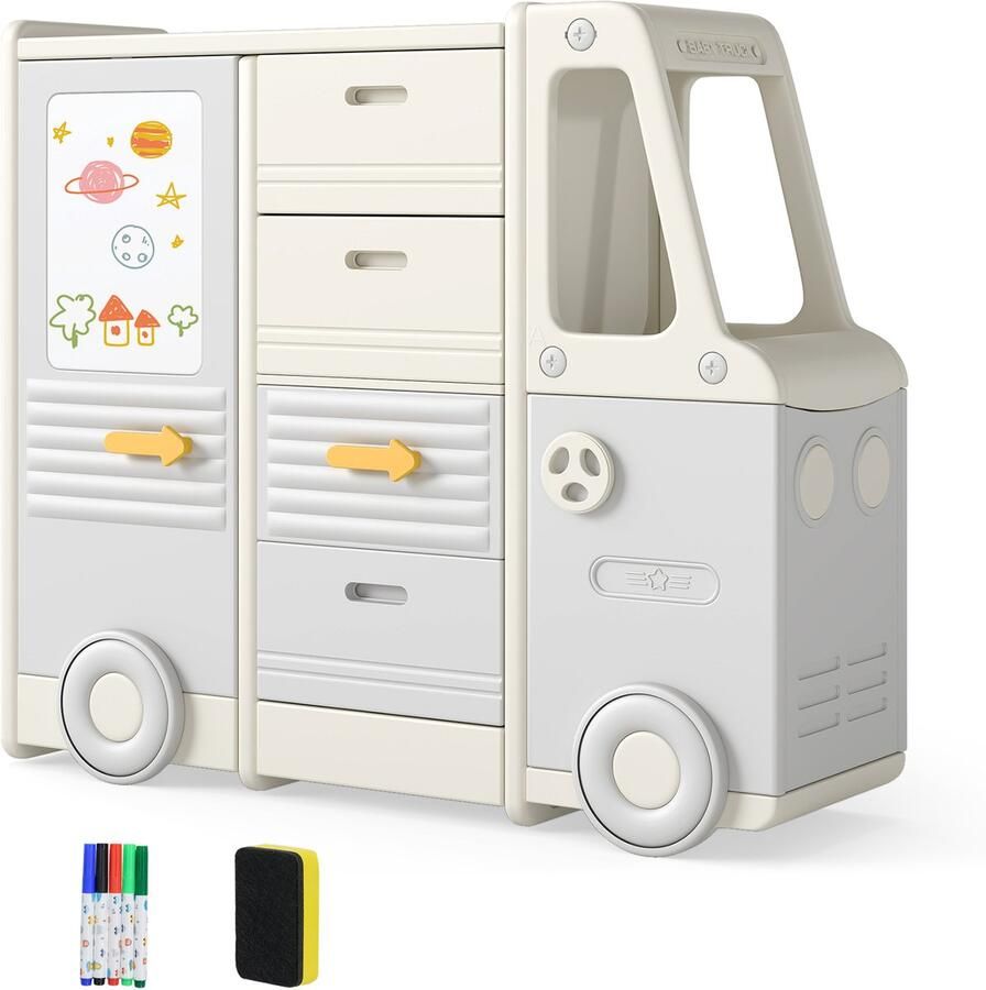 Costway Speelgoedrek voor in de auto kinderrek in busvorm met whiteboard 4 laden en kasten boekenrek voor kinderen kinderkamerrek voor het opbergen van speelgoed 111 x 34 x 94 cm