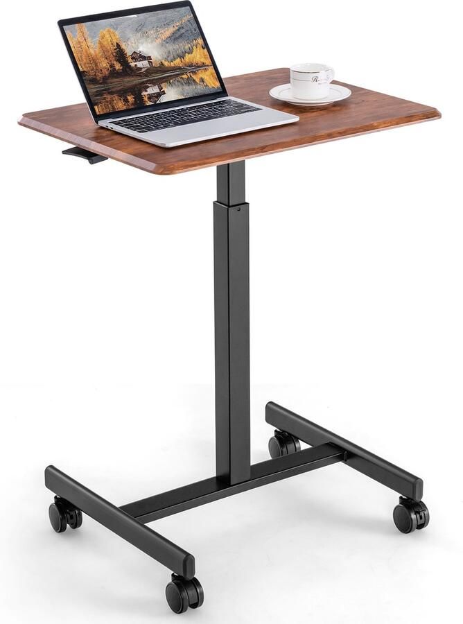 Costway Sta-bureau laptoptafel in hoogte verstelbaar 74-108 cm mobiel bureau bijzettafel met wielen 65 x 48 cm laptop statafel draagbaar voor woonkamer thuiskantoor (bruin)