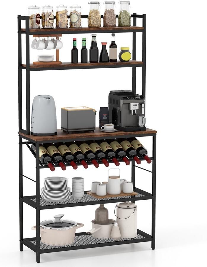 Costway Staand keukenrek bakkersrek met wijnhouder tot 10 flessen magnetronrek met werkblad en 5 planken vintage industrieel rek metaal staand rek voor keuken en eetkamer bruin