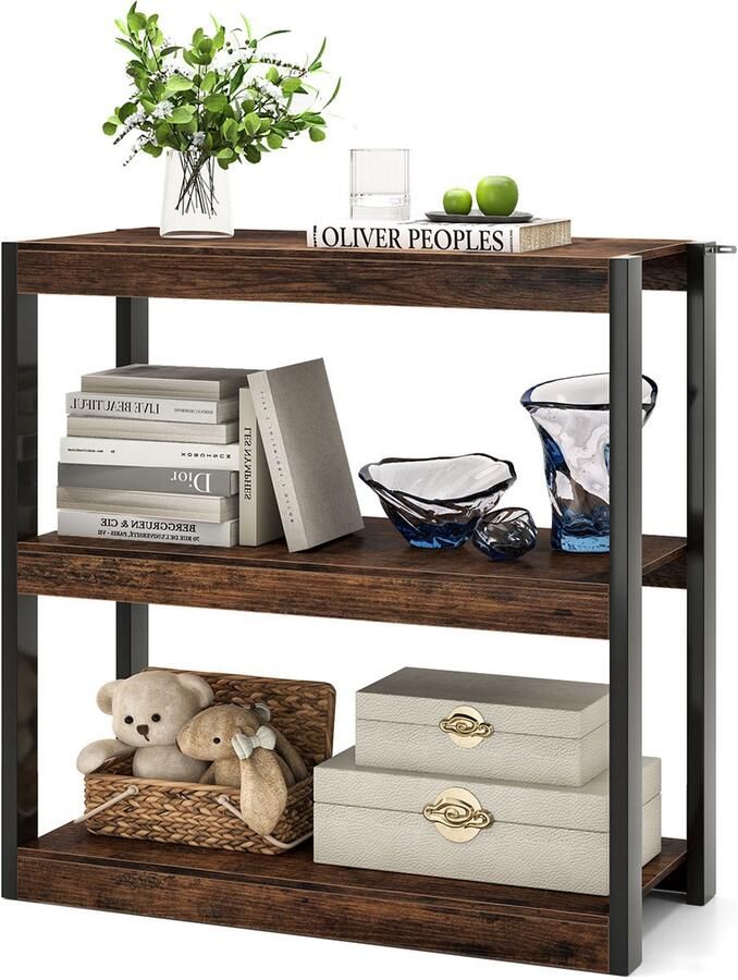 Costway Staande kast 3 niveaus boekenkast hout multifunctioneel opbergrek metalen frame ladderrek industriële stijl voor woonkamer slaapkamer werkkamer