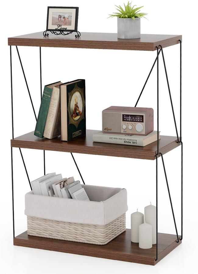 Costway Staande kast vrijstaand boekenkast met metalen frame industrieel opbergrek walnoot opbergrek voor slaapkamer woonkamer thuiskantoor - Foto 2