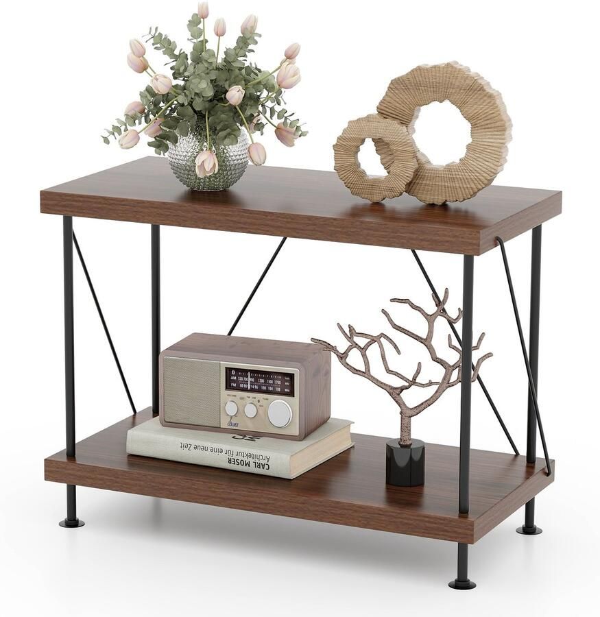 Costway Staande kast vrijstaand boekenkast met metalen frame industrieel opbergrek walnoot opbergrek voor slaapkamer woonkamer thuiskantoor