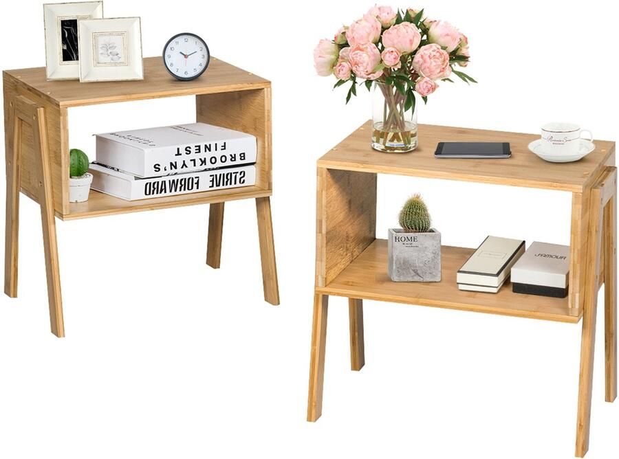 Costway Stapelbaar nachtkastje van bamboe set van 2 bijzettafel met open vak nachtkastje banktafel nachtkastje voor slaapkamer woonkamer