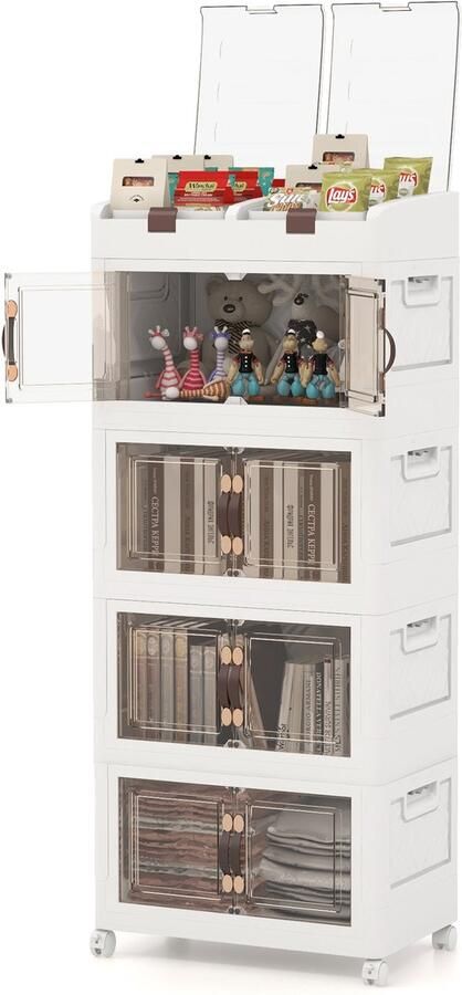 Costway Stapelboxen opbergdoos met deksel wielen en deuren opbergdozen stapelbaar kunststof doos opvouwbaar kunststof opbergdozen (4 dozen 54 5 x 34 5 x 132 cm)