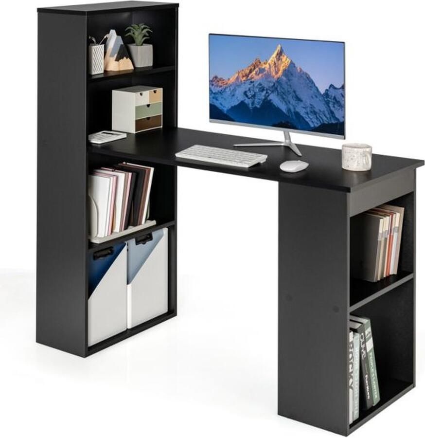 Costway SureDeal 120 cm Computerbureau met Boekenplank Modern Compact Bureau 6 Planken Voor Thuis Kantoor en Slaapzaal Zwart