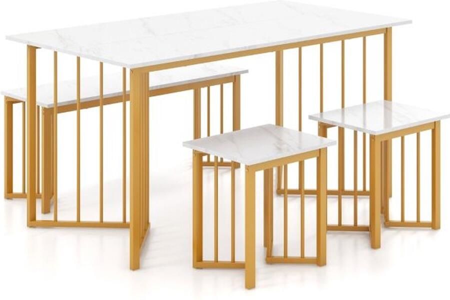 Costway SureDeal 4-Delige Eettafelset Rechthoekige Keukentafel met Bank en 2 Krukken Moderne Eettafelset Vleugelvormige Metalen Poten