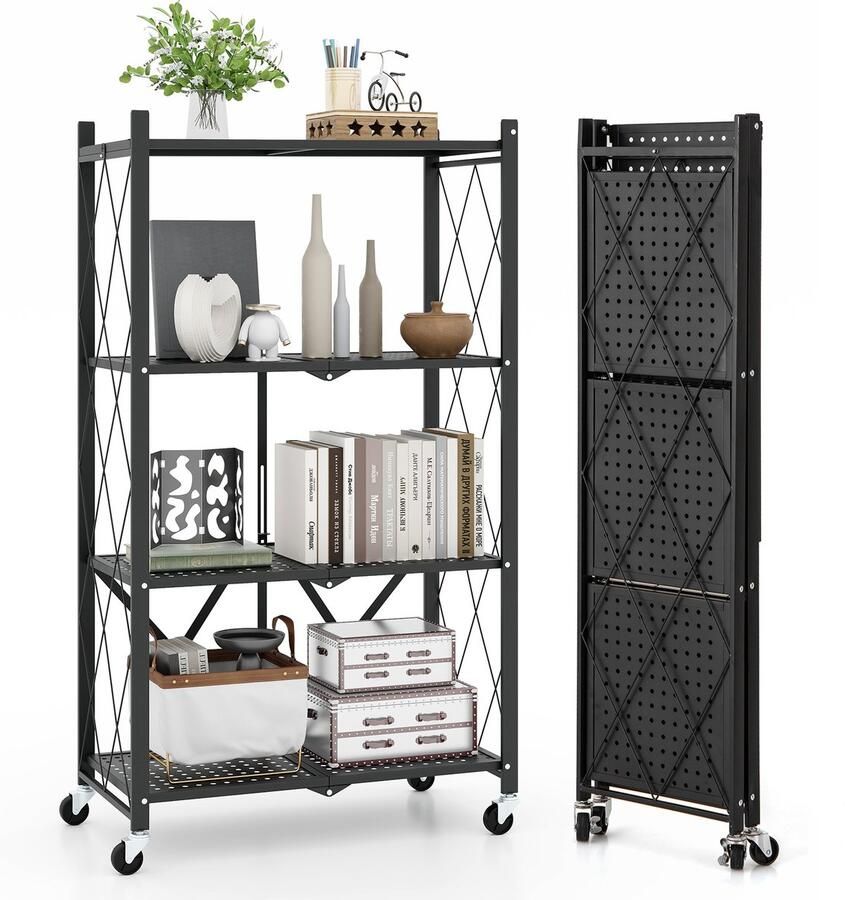 Costway Rek voor zware lasten inklapbaar 4 niveaus staand rek met vergrendelbare wielen keukenrek met metalen frame inklapbaar rek opbergrek voor keuken kantoor zwart 71 x 34 x 126 cm
